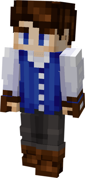 Boy in a blue striped vest, with a white undershirt, grey pants, and brown hair.