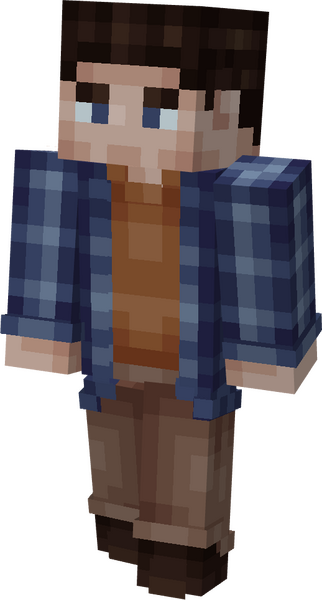 Man in a blue plaid jacket, an orange shirt, and tan pants.