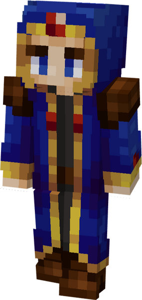 Man in a long Blue hooded cloak, with gold trim, embedded rubies, and small leather spaulders.