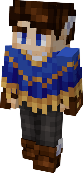 Man in a Blue cloth poncho with gold tassels, with brown hair, grey pants.
