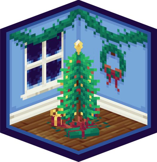 A blue room with windows; all walls are decorated with garlands and wreaths, with a decorated Christmas tree in the center.