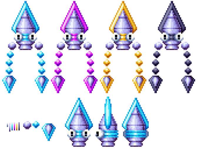 A little metallic squid with googley eyes, coming in 4 colors (CMYK)