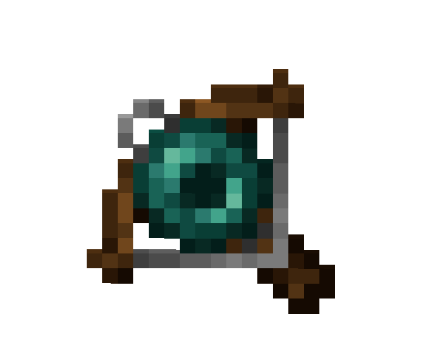 A pixel sprite of a Crossbow, with a large green, almost crystalline orb.