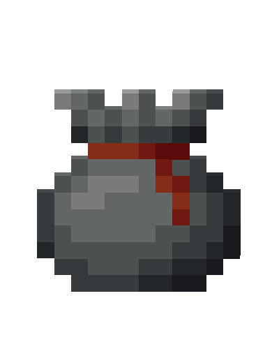 A pixel sprite of a little grey bag, with a red string tying it closed